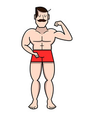 Fototapeta premium cartoon bodybuilder demonstrates bicep, vector illustration