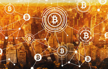 Bitcoin with aerial view of Manhattan, NY skyline