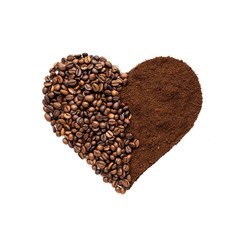 Happy Valentines day / Creative concept photo of heart made of coffee on isolated background.