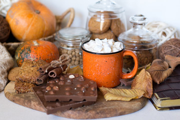 Cocoa with milk and chocolate in a mug. Hot drink in the cup. The season of autumn. Warm domestic atmosphere. Cozy house.