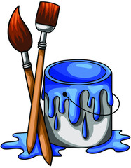 Vector illustration of cartoon Bucket of blue paint and two brushes