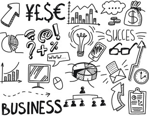 Vector illustration with hand drawn business doodles with diagrams, humans and ideas bulbs