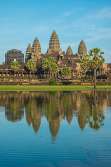 Fototapeta na wymiar The beautiful reflection of Angkor Wat the massive and largest religion monument in the world. Located in Siem Reap, Cambodia.