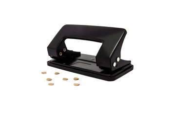Black paper hole puncher, office tool equipment that is used to create holes in sheets of paper, isolated on a white background, with clipping path