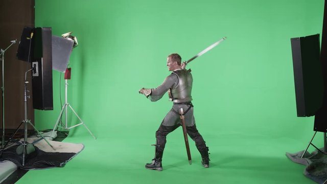 Medieval knight battle on green screen set