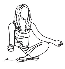 Happy relaxed young woman practicing yoga. Healthy natural lifestyle. continuous line drawing. Vector illustration. Isolated
