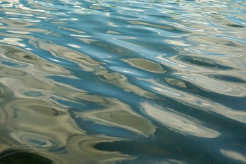 Colorful rippled waves of blue lake water with reflections of sunlight, background, abstract
