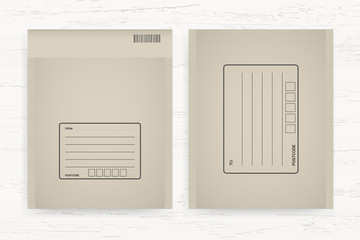 Shipping parcel tied with area for write address on white wood background. Brown paper envelope for online shopping. Vector.