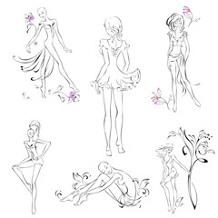 silhouettes of slender girls in summer clothes in black lines on a white background. SET