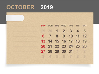 October 2019 - Monthly calendar on brown paper and wood background with area for note. Vector.
