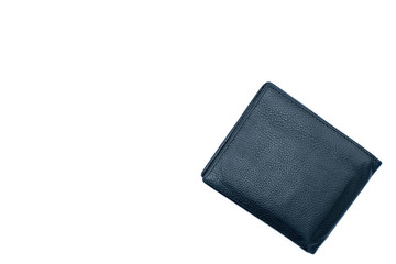 A black leather wallet rests on a white background.