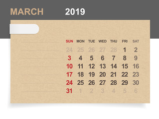 March 2019 - Monthly calendar on brown paper and wood background with area for note. Vector.