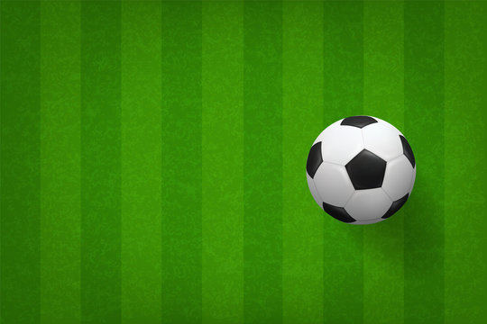 Soccer football ball on green grass field pattern background. Vector.