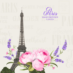 Eiffel tower simbol with spring blooming flowers over gray text pattern with sign Paris souvenir. Vector illustration.