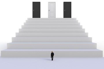 Success concept with businessman, Image of miniature businessman standing in front of black and white door on white wall background, 3D rendering