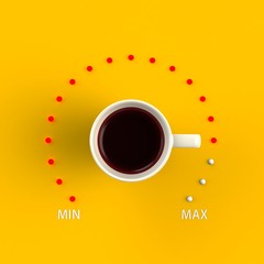 Top view of a cup of coffee in the form of volume control from minimum to maximum level isolated on yellow background, Coffee concept illustration, 3d rendering