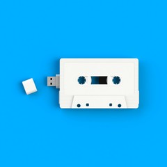 Fototapeta na wymiar Close up of USB flash drive in vintage white audio tape cassette concept illustration isolated on blue background, Top view with copy space, 3d rendering