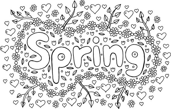 Coloring page for adults with mandala and Spring word. Doodle lettering ink outline artwork. Vector illustration