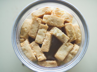 Homemade butter cookies in glass jar, Top view