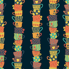Fototapeta na wymiar Piles of stacked colorful cups on dark background seamless pattern. Hand drawn vector illustration of tea mugs. For cafe, restaurant, bar menu, poster, fabric, wrapping, banner, scrapbooking, kitchen