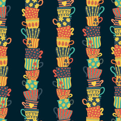 Piles of stacked colorful cups on dark background seamless pattern. Hand drawn vector illustration of tea mugs. For cafe, restaurant, bar menu, poster, fabric, wrapping, banner, scrapbooking, kitchen