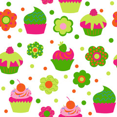 Cute baby seamless pattern with cupcakes and flowers