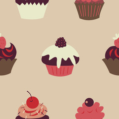 Cute children seamless pattern with cupcakes and fruits