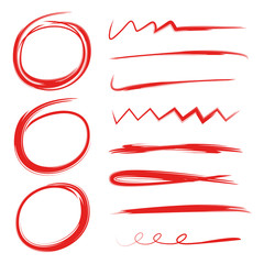 red hand drawn circle markers, red underlines, brush lines