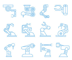 robot arm icons, blue line icons