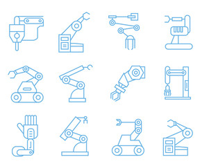 robot arm icons, blue line icons