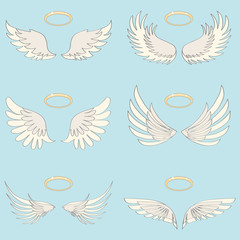 Wings of an angel with a halo, realistic white wings of an angel on a light background. Flat design, vector illustration, vector.