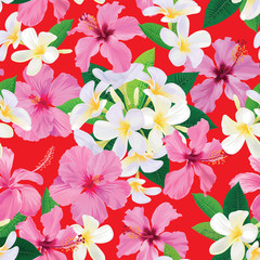 Fototapeta na wymiar Seamless pattern of plumeria with hibiscus flowers background. Vector set of exotic tropical garden for holiday invitations, greeting card and fashion design.