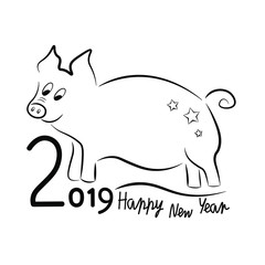 A merry piggy symbol of the new year with figures 2019 in a black outline on a white  background.