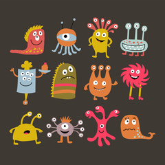Set with cute cartoon monsters on a dark background
