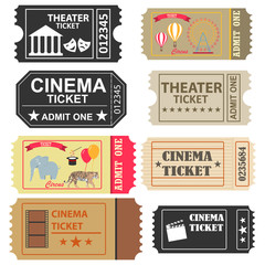Tickets, a large set of tickets to the cinema, a ticket to the circus and the theater. Flat design, vector illustration, vector.