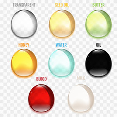 Set of transparent drops in gray colors. Transparency only in vector format. Can be used with any background. Different drops.  Realistic vector illustration.