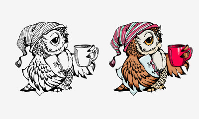 Cute owls collection coloring and line isolated on white