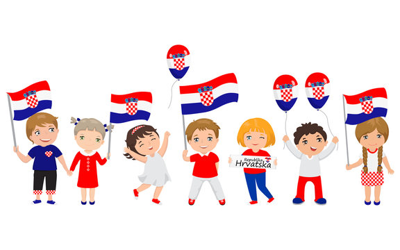 children holding Croatian flags and balloons. Vector illustration. Modern design template