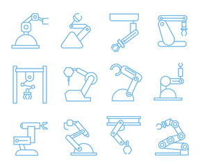 robot arm icons, blue line icons