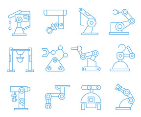 robot arm icons, blue line icons