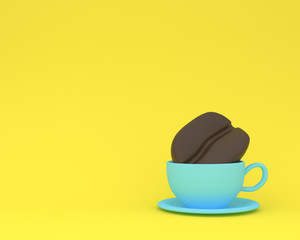 Creative made of coffee bean with blue coffee cup on yellow pastel background. minimal drink concept. Idea creatively to produce work within an advertising marketing communications