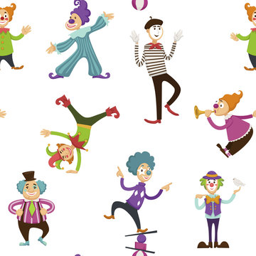 Clown and mime entertaining people seamless pattern vector
