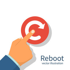 Reboot concept. Restarting technology. Hand to push big red button. Vector illustration flat design. Isolated on white background.
 - obrazy, fototapety, plakaty