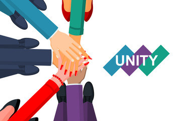 Fototapeta na wymiar Unity concept. Top view of a group of young business people, holding hands together. Unity and teamwork. Vector illustration flat design. Isolated on white background.