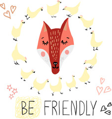 Cute, lovely, pretty and simple animal faces sketch, fox and hens. Doodle style icons for kids, perfect for cards and invitations, textile, wallpapers, backgrounds. Clip art vector design.