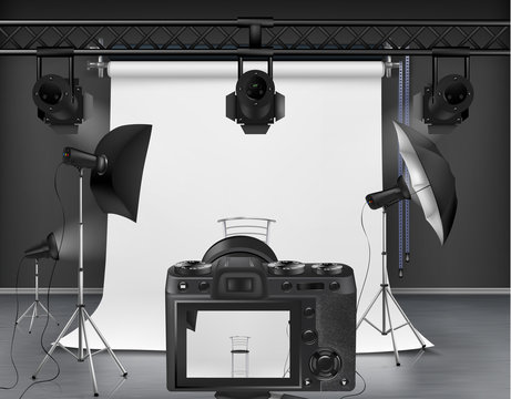 Vector photo studio with white roll-up screen, digital camera, spotlights and softboxes on tripod stands. Concept background, interior with modern lighting equipment for professional photography