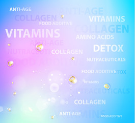 Skincare concept for cosmetic label of cream. Golden bubbles with vitamin letters over blue background. Vector illustration.