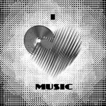 I love music abstract poster monochrome label on dirty grunge halftone background. CD-disk and heart logo graphic design element. Vector illustration