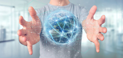Man holding Connection around a world globe isolated 3d rendering