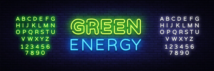 Fototapeta premium Green Energy neon sign vector. Eco Energy Design template neon sign, Ecology light banner, neon signboard, nightly bright advertising, light inscription. Vector illustration. Editing text neon sign